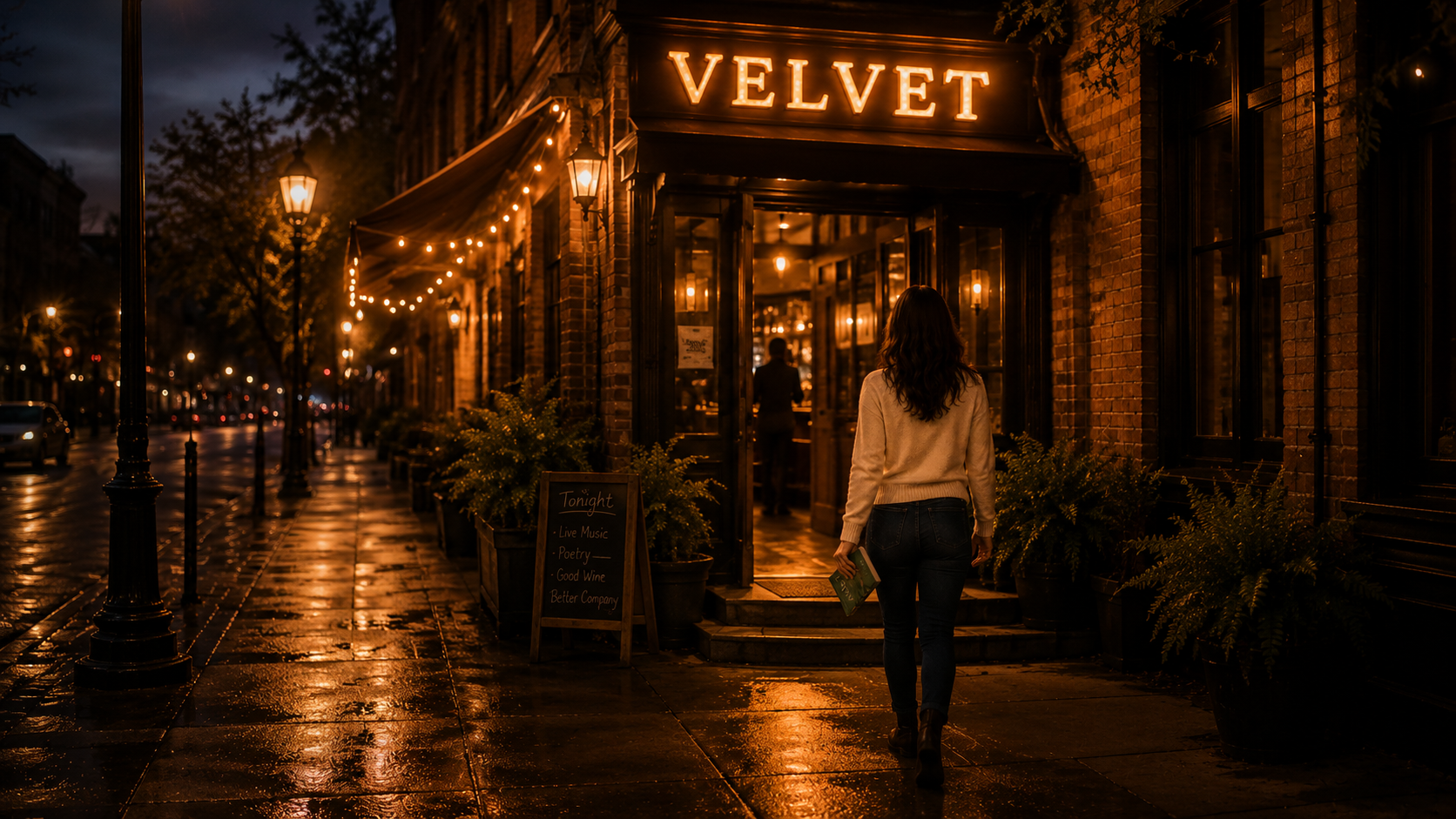 The woman arriving at Velvet as the sign glows
