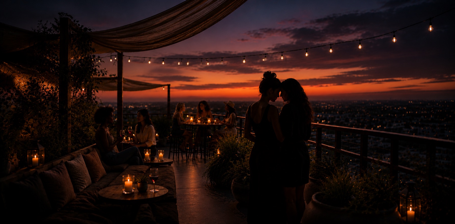 Velvet's rooftop at dusk — string lights and candles against an ember sky, friends on the couch, city lights below, and two women forehead to forehead at the rail